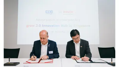  President of Bosch Southeast Asia Martin Hayes and Regional President of Europe for Economic Development Board Singapore Terence Gan enter into a strategic partnership to establish an innovation hub in Singapore.
